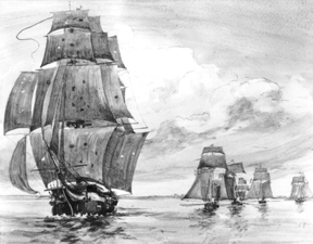 British ship pursued by American fleet, 1812